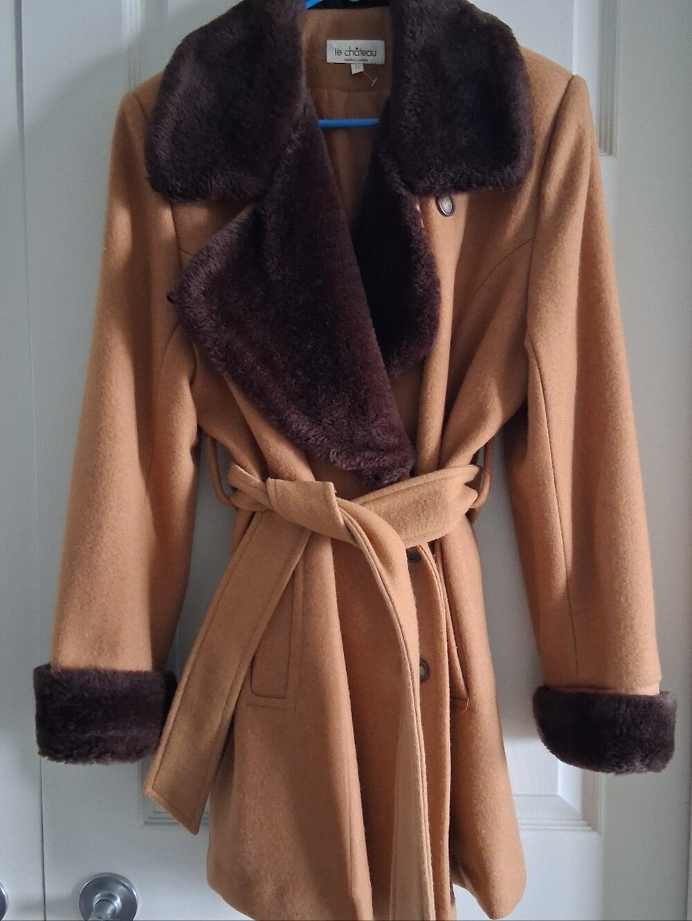 Vintage Y2K Le Chateau Made In Canada Tan 80% Wool Sz 11 M/L Peacoat Fur Trim